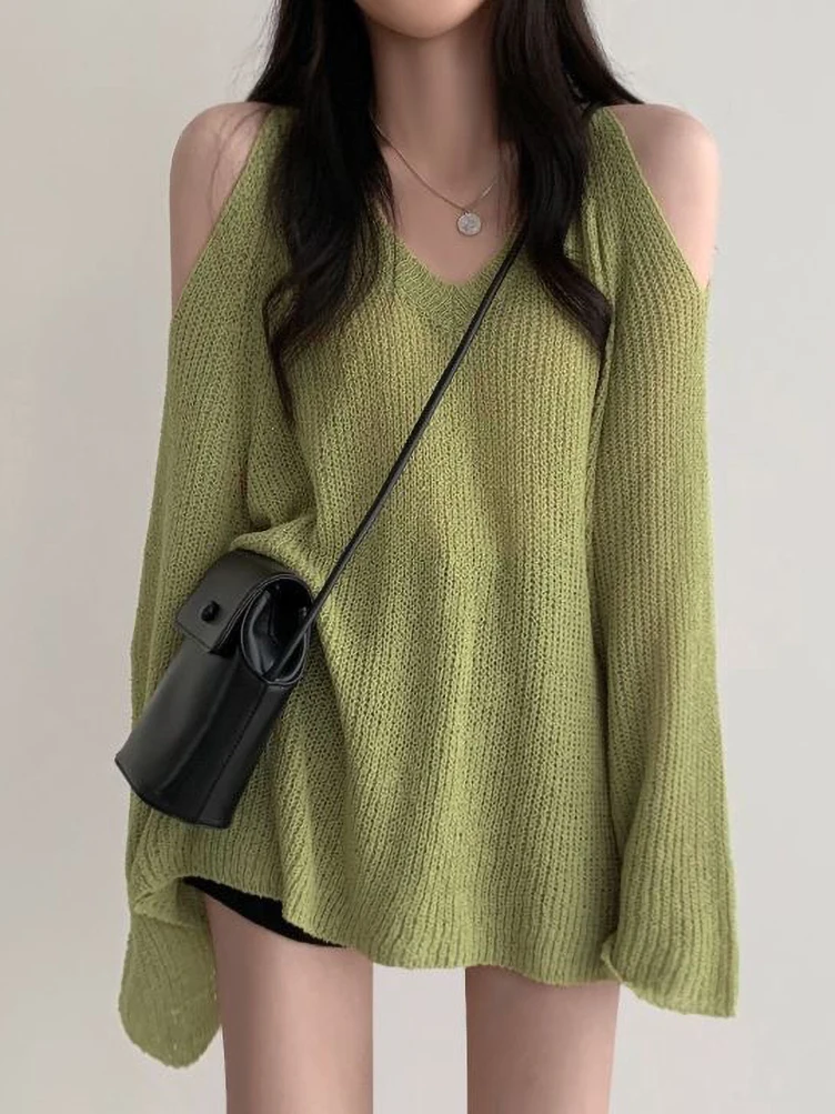 Korean Dongdaemun Off Shoulder Long Sleeve Sweater V-Neck Oversize Pullover Elegant Youth Sexy Knitwear 2024