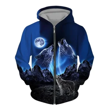 Homens com zíper hoodie lobo 3d impresso zíper hoodie pulôver masculino moda casual camisola rua harajuku roupas primavera e outono