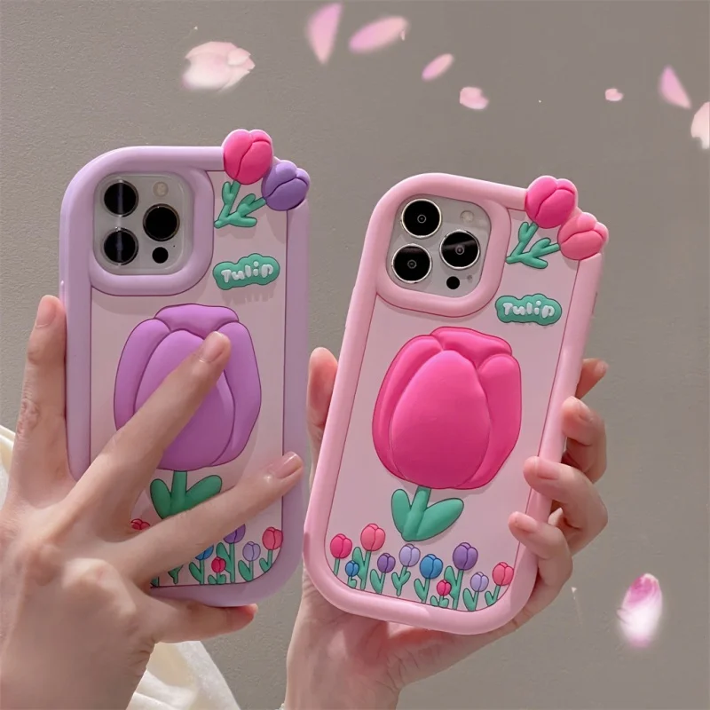 For iphone Case 1514 Pro Max 13 Pro 12 11 3D Stereoscopic tulip Silicone Soft Case