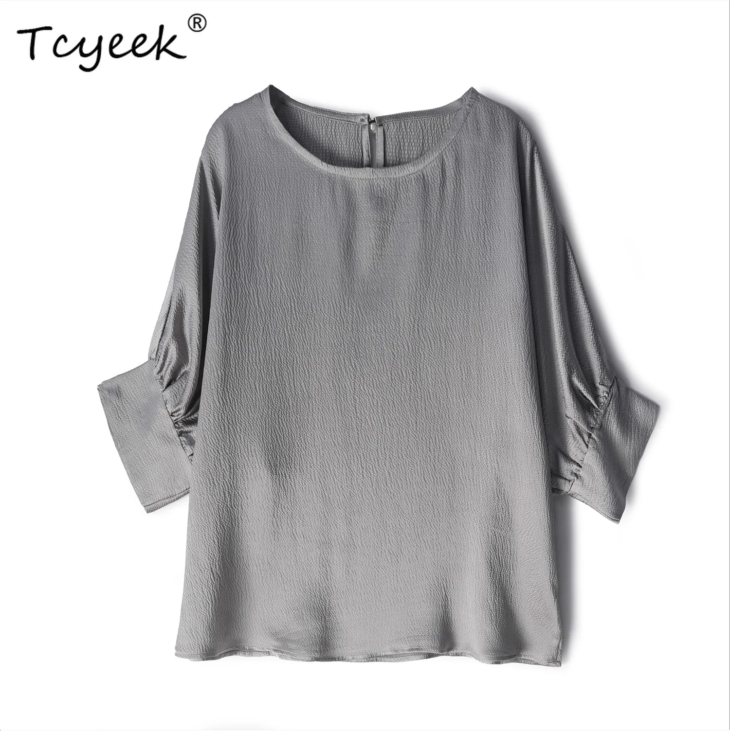 Tcyeek 100% 멀 베리 실크 봄 여름 라운드 넥 박쥐 7 쿼터 슬리브 솔리드 컬러 스트레이트 튜브 여성 티셔츠 Топ Женский