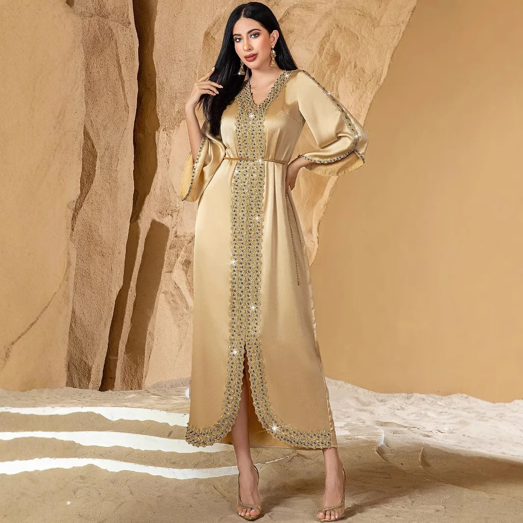 

New Champagne Color Women's Evening Gown -Long Robe with Lace Patchwork & Handmade Beading Formal Party Dress, Elegant Prom Gown