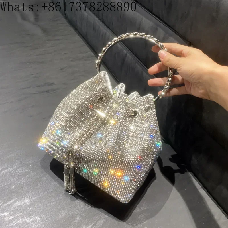 2024 rhinestone handbag, Guangzhou new metal handbag, tassel hot diamond chain, crossbody bucket shoulder bag