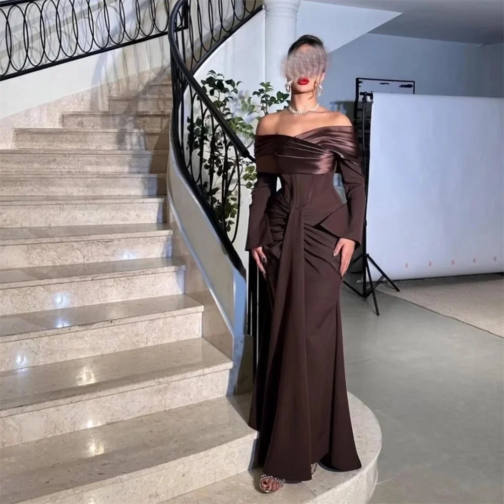 فستان حفلة موسيقية مخصص خارج الكتف، الساتان كم طويل مشد مطوي عارية الذراعين زيبر حفل زفاف ثوب Fساتين Shires #2