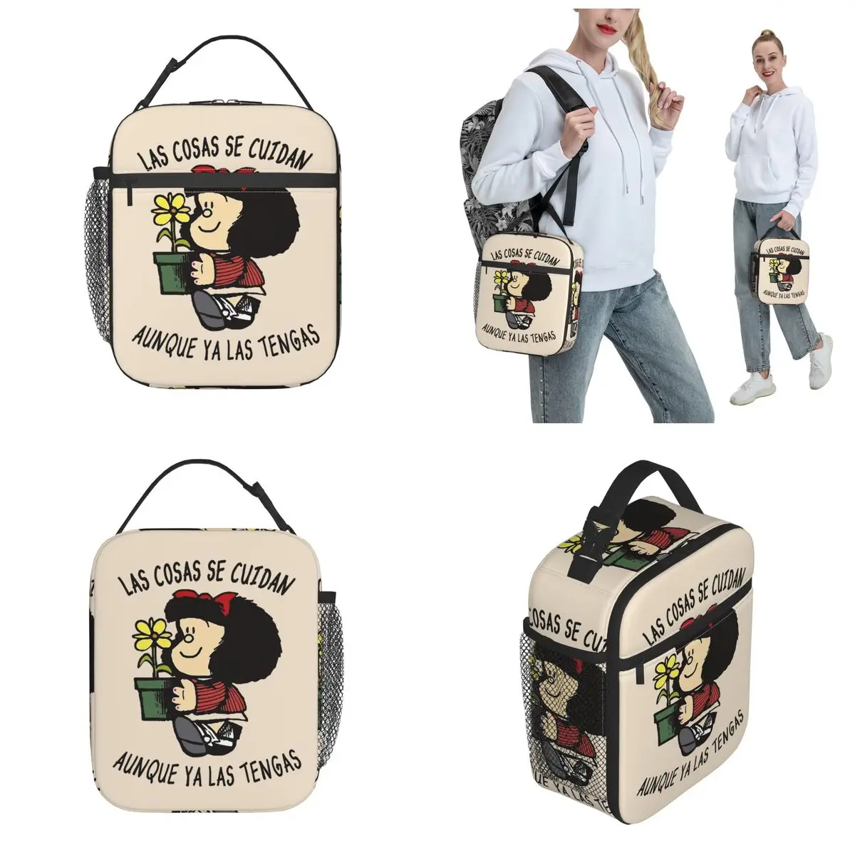 Mafalda e Flower Pot borse per il pranzo isolate termicamente per il viaggio Quino Cartoon Portable Food Bag Thermal Cooler Lunch Box