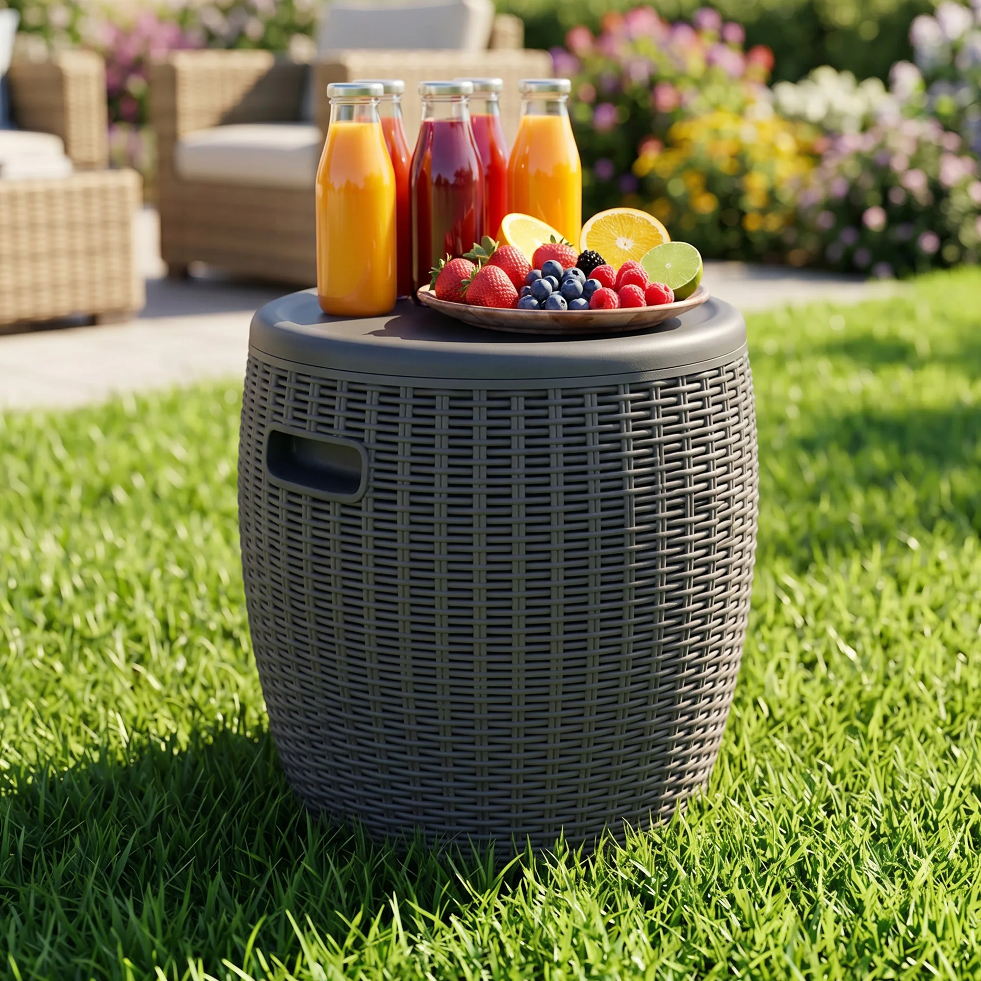Round Rattan Look Resin Ice Bucket with Lid, Weatherproof Outdoor Storage Side Table for Patio Pool Backyard Drinks