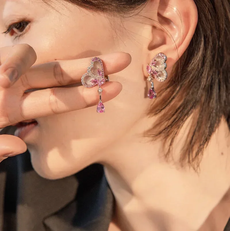 Bellux Design Gradient Pink Shell Butterfly Earrings S925 Silver Gold Plated Light Luxury Fashion Earrings