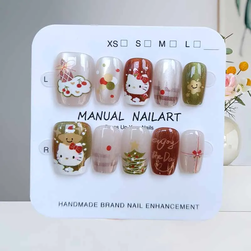 10 Stuks Leuke Cartoon Hello Kitty Nieuwjaar Kerst Druk op Nagels Apple en Kerstboom Vlokken Nail Patch Afneembare nagel Tips