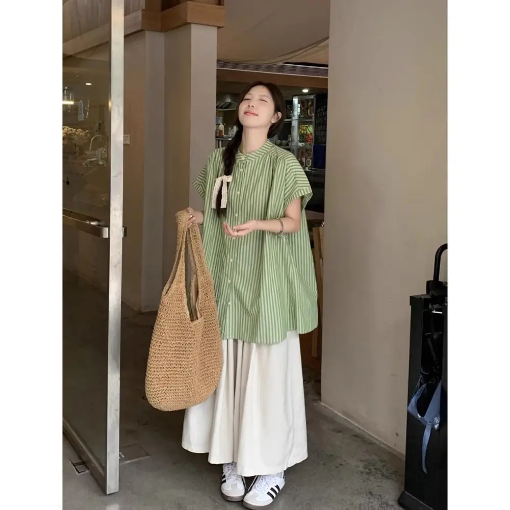 

Minimalist Striped Versatile Short Sleeve Shirt Women's Summer New Loose Solid Color Wide Leg Casual Pants Fashion Set