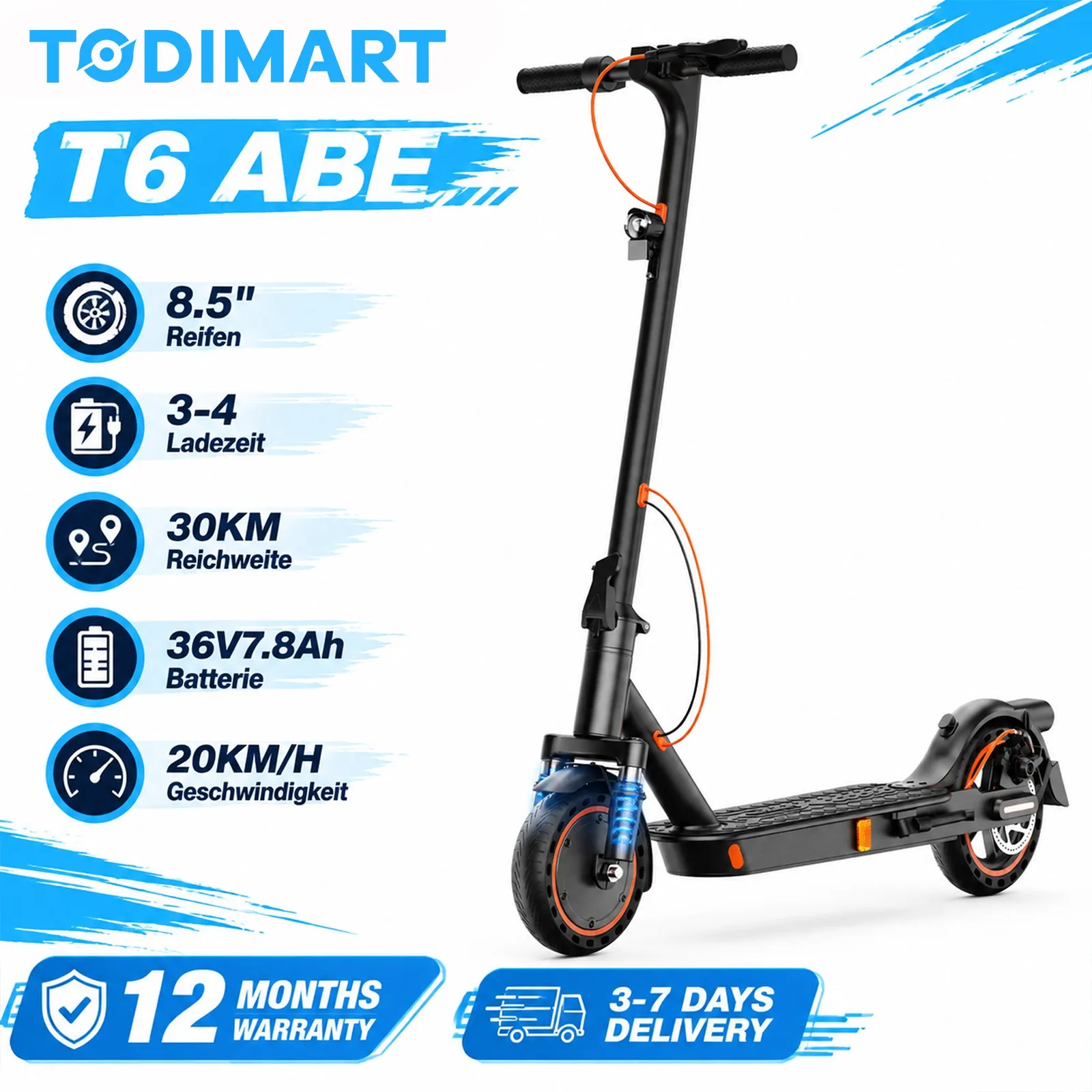 TODIMART T3 ABE E-Scooter mit Straßenzulassung Elektroroller für Erwachsene, Smart-App faltbarer , für Stadt und Stadtverkehr, 8,5 Zoll, 20 km/h Geschwindigkeit, 36V 7,8Ah Batterie, 30-35 km