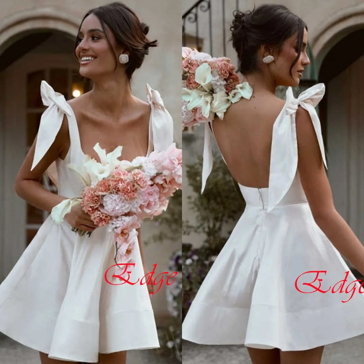 Sukienka wieczorowa z białego satyny na zamówienie, elegancka, z kwadratowym dekoltem, krótkimi rękawkami, sukienka na studniówkę, formalna, z trenem typu court, zapinana na zamek z tyłu, sukienka koktajlowa.