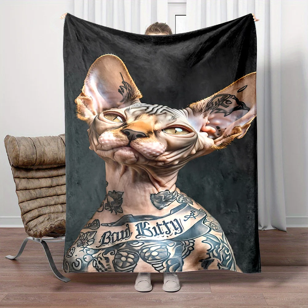 Hairless Cat Sphinx Animal Pattern Print Art Blanket - Soft All-Season Multi-Purpose Throw for Sofa, Bed, Travel & Gift