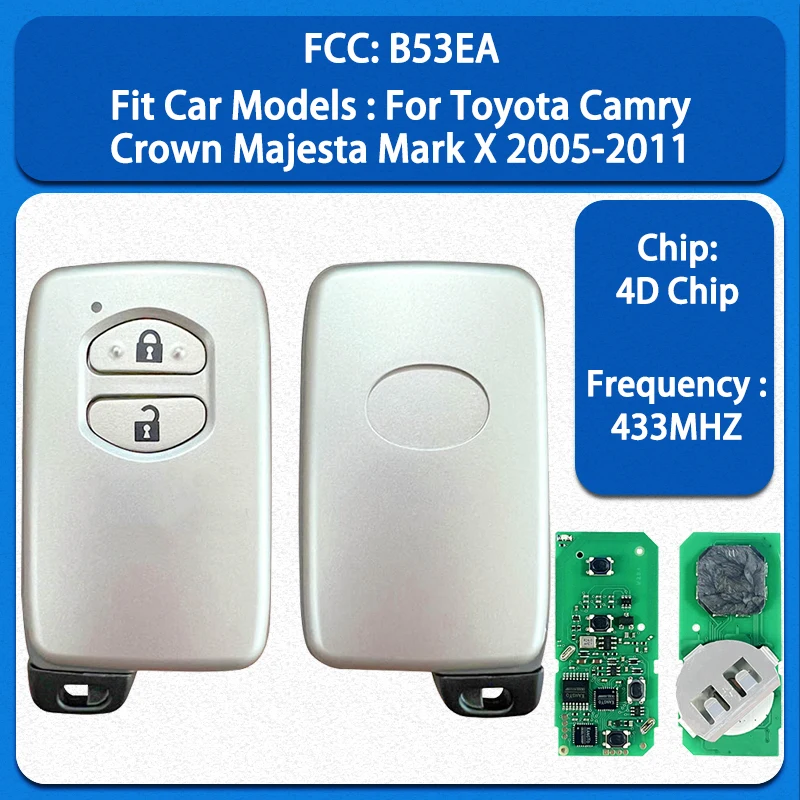 

Смарт-ключ CN007285 (аналог), 2 кнопки, 433 МГц, чип 4D, FCC B53EA, PN 89904-60210 для Toyota Camry, Crown Majesta, Mark X 2005-2011
