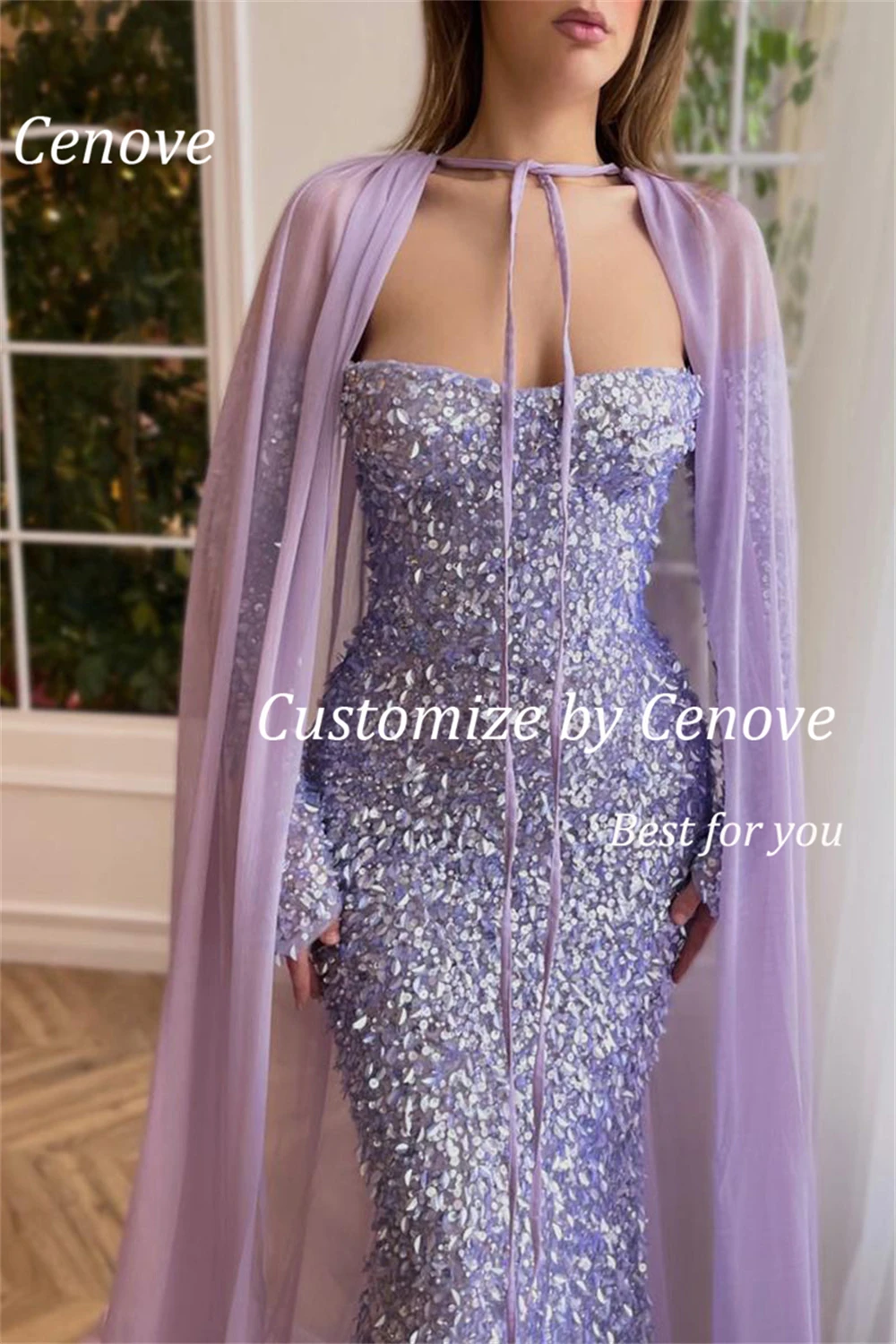 Cenove Mermaid Shawl Sequin Evening Chiffon Gown Formal Princess Prom Strapless Long Purple New Party Dresses for Women 2023