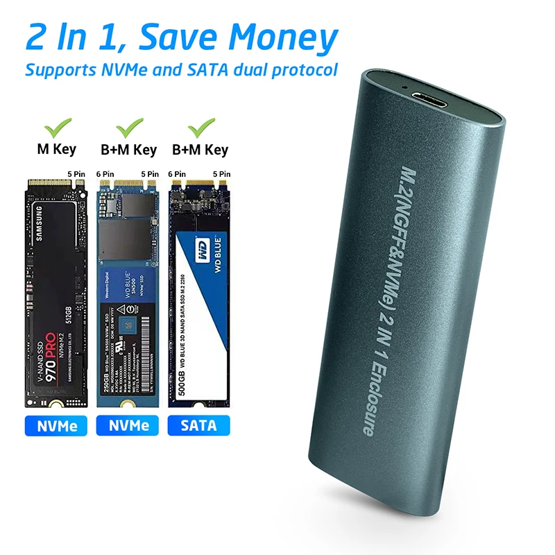 Новинка чехол M.2 NVME PCIe NGFF SATA на USB 3,1 SSD алюминиевый адаптер для 2230 2242 2260 2280 NVMe/SATA M2 SSD RTL9210B двойной протокол