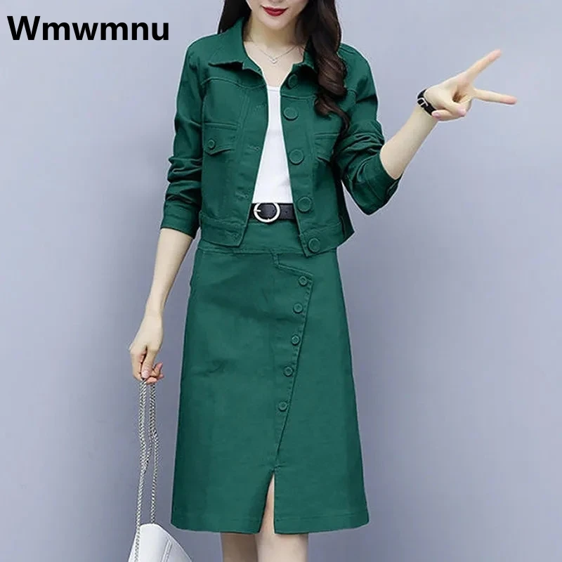 

Fashion Spring Fall Skirts 2 Piece Set Casual Long Sleeve Cropped Jacket Conjuntos Women Korean Midi Split Straight Falda Outfit