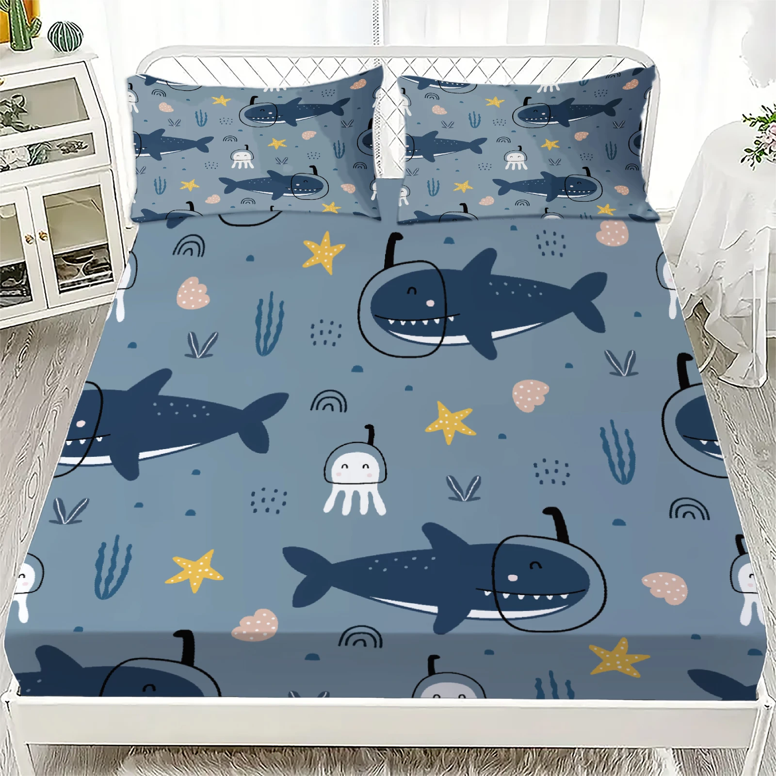 3pcs Fitted Sheet Cute Cartoon Style Bedroom For Children Set Sharks Star Jellyfish Coral Sea Printed Bed Sheet With Pillowcases