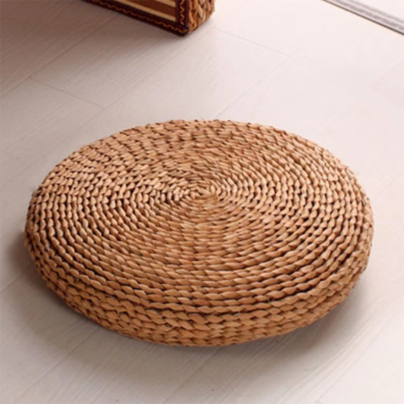 Round Natural Pouf Hand-Made Weaving Cushion Fill the Silk Floss Pillow Soft Yoga Chair Seat Mat Tatami Window Pad(B)