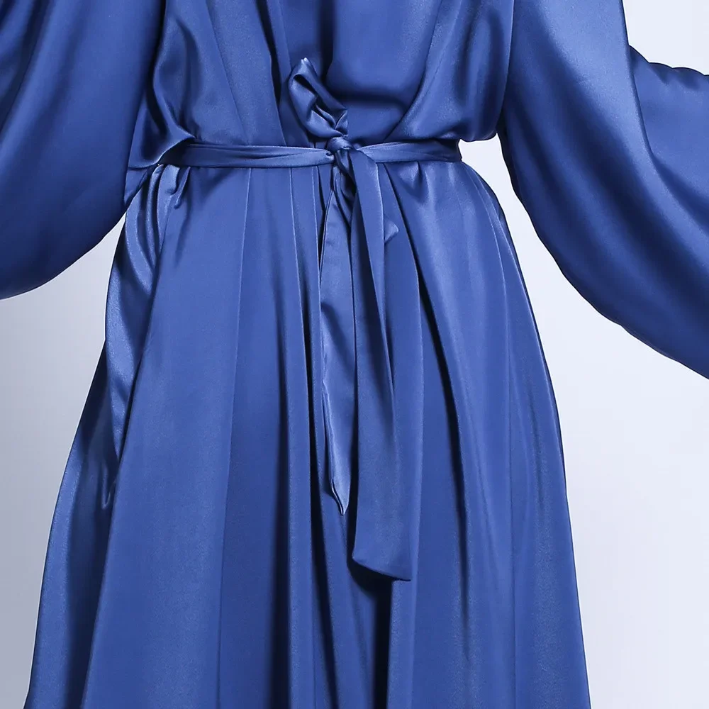 7色展開、ムスリム女性用サテンロングドレス、ゆったりとしたカフタン、豪華なパーティー、イブニングアバヤ、無地、ラインストーンベルト付き、ファッショナブルなラマダン向け