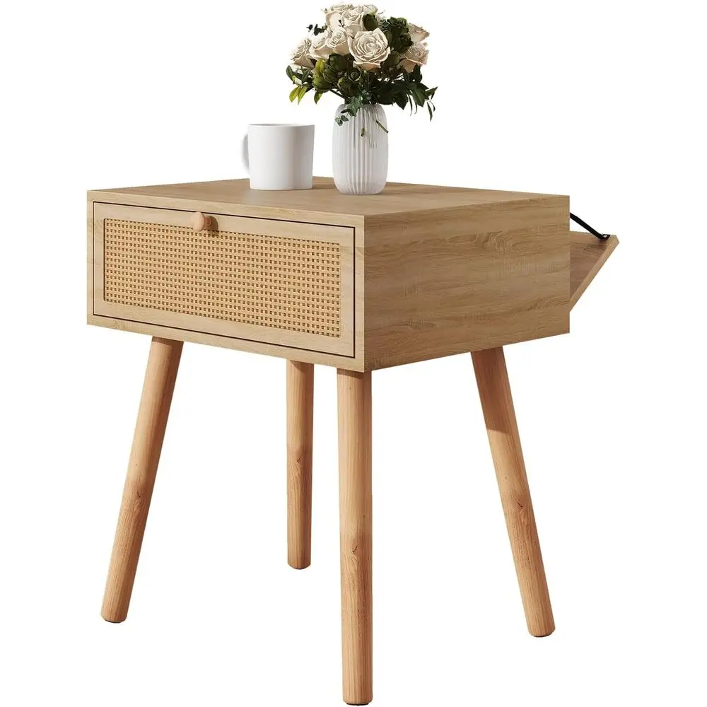 

Прикроватная тумбочка из ротанга с деревянными ножками, прикроватный столик в стиле бохо для спальни, простая сборка, натуральная отделка