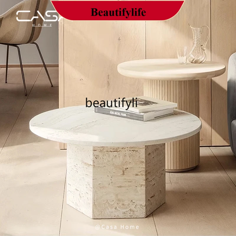 

Living room coffee table round designer coffee table French retro travertine dining table round G1218