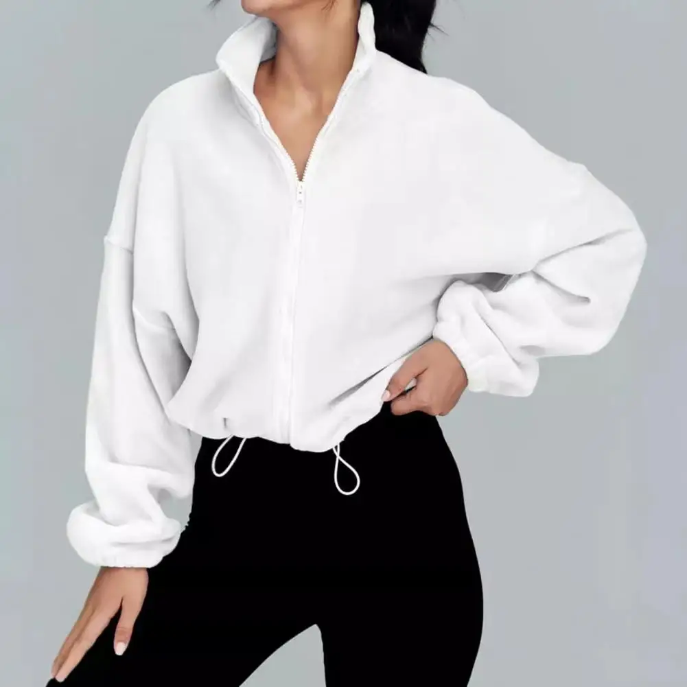 2025 Women's Full Zip Fleece Short Jacket Winter Long Sleeve Cropped Coat Drawstring Hem Stand Collar Warm Workout Top