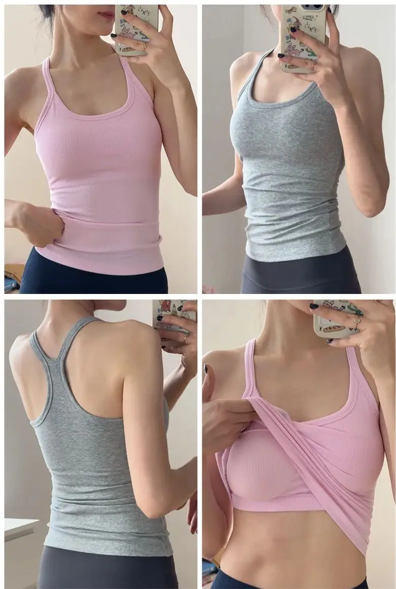 Women's SleevelessYoga Vest Ribbed Gym Tank Top Push Up Sport Vest Sports Running Fitness Vest Workout Top Padded Yoga Clothing image 6