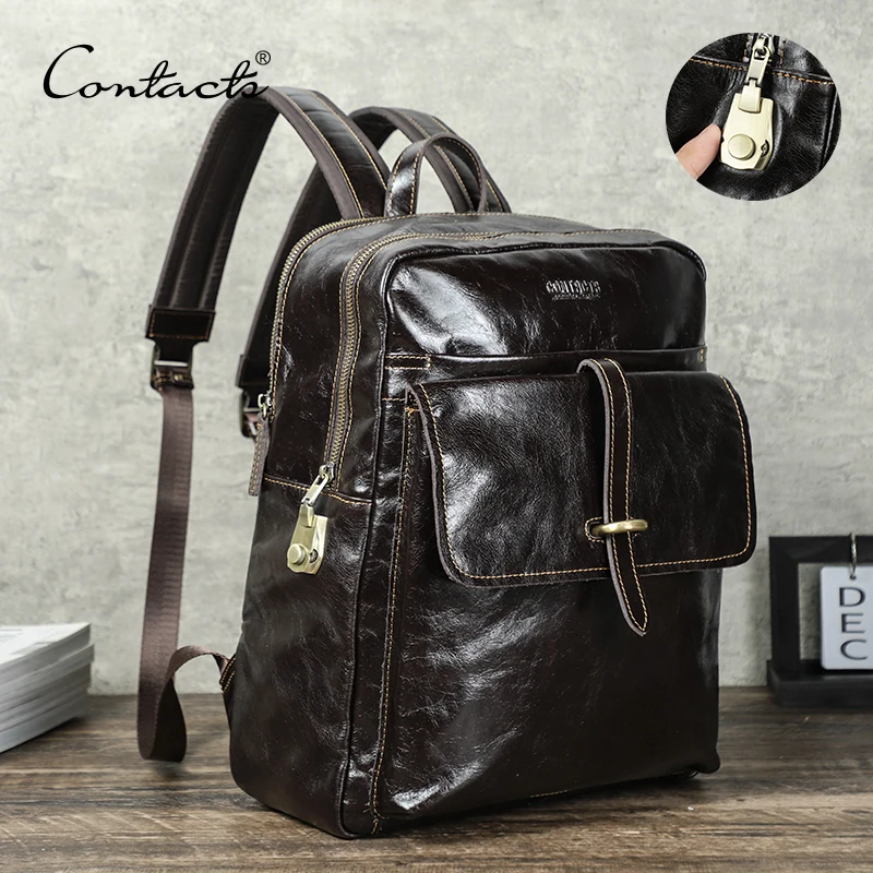 

CONTACT'S Men Backpack Password Lock Genuine Leather Laptop Backpack 14 inch Luxury Designer Mochila Male Travel Bag Schoolbag