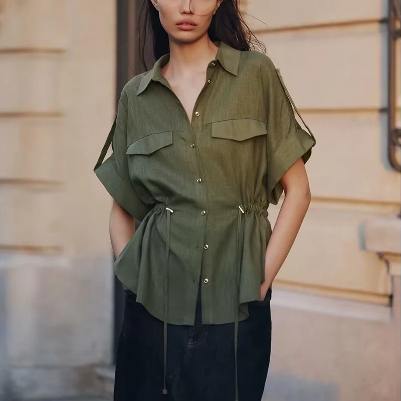 

Z Women's Faion Linen Blend Loose Collared irt 2025 New Sle Summer Season ort Sve Regular Length Pure Color