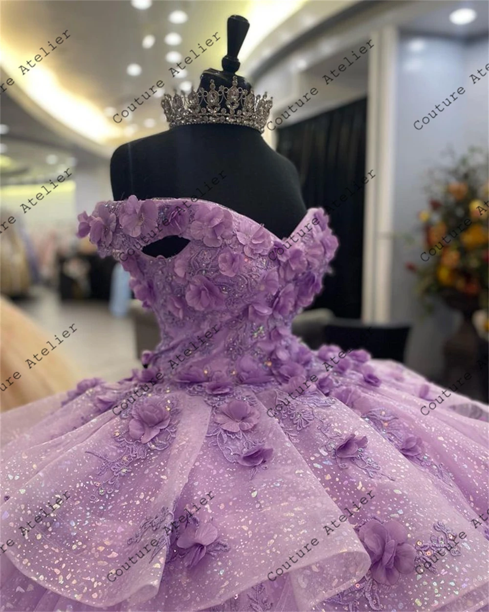 Mooie Lavendel 3d Bloemen Ruffels Quinceanera Jurk Baljurk Bruiloft Verjaardagsfeestjurken Prinses Vestidos De Quinceañeras