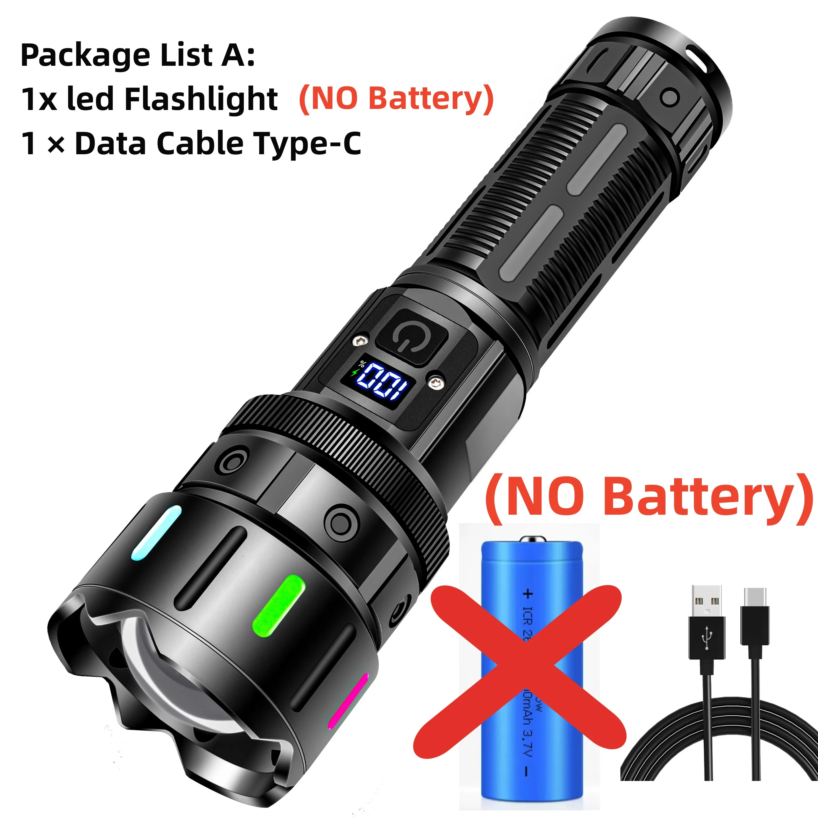 High Power Led Zaklamp Type-C Oplaadbare Tactische Zoomlamp Gebruik 26650 Batterij Camping Vislantaarn Met Power Display
