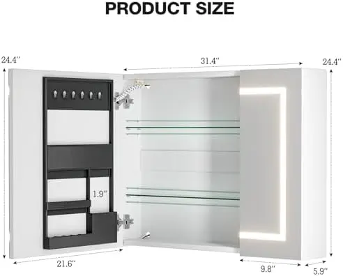 LED Lighted Bathroom Medicine Mirror Cabinet with 3-Color LED Lights, Anti-Fog, Dimmable, Wall Mount, 3-Adjustable