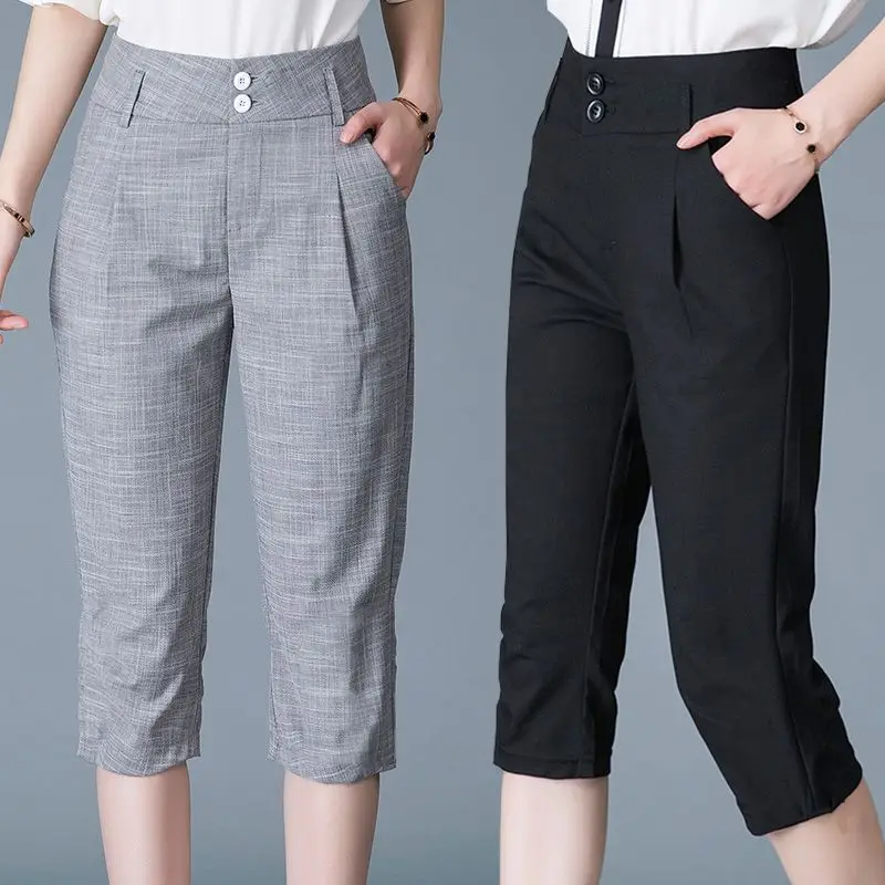 

Women Summer Simplicity Loose Elegant Cotton and Linen High Waist Appear Thin Wide Leg Ladies Casual All-match Cropped Pants