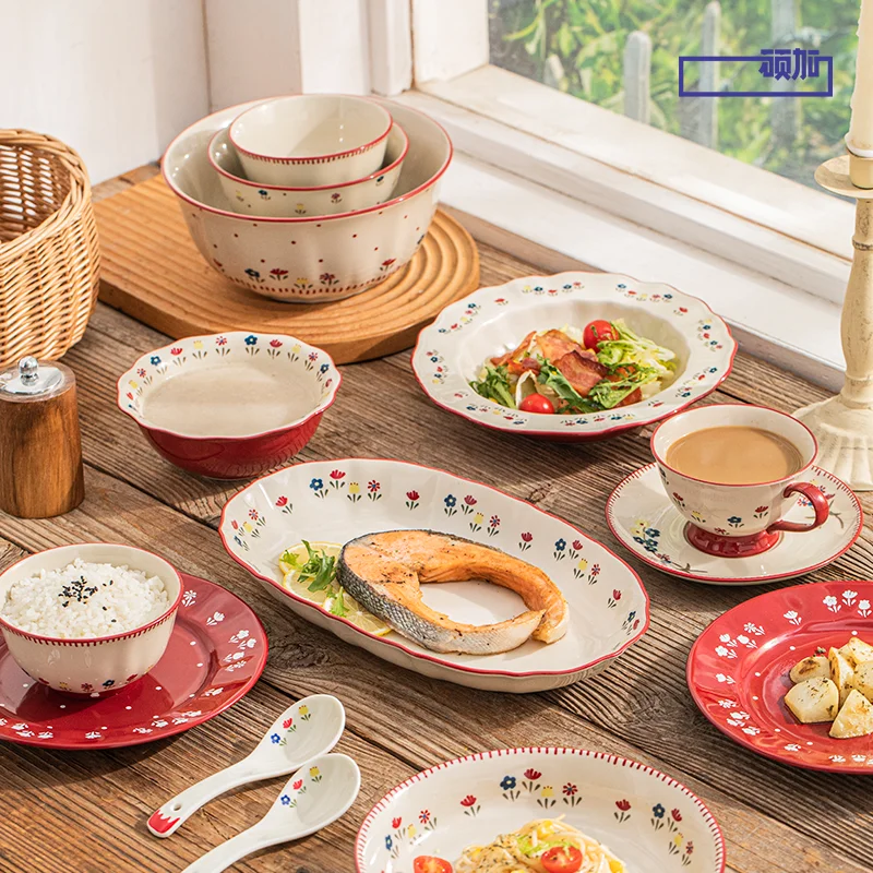 High Quality Vintage Ceramic Dinnerware Ceramic Soup Bowl Salad Pasta Plate Microwave Safe Colorful Ceramic Plates Bowls Set view 2
