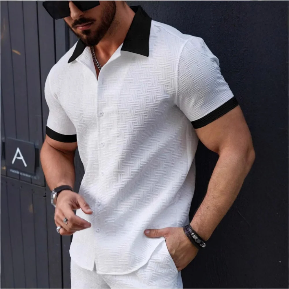 

New Fashion Men's Jacquard Collocation Color Casual Short-sleeved Shirt Men's Casual T-shirt Men Clothing Polo Shirt