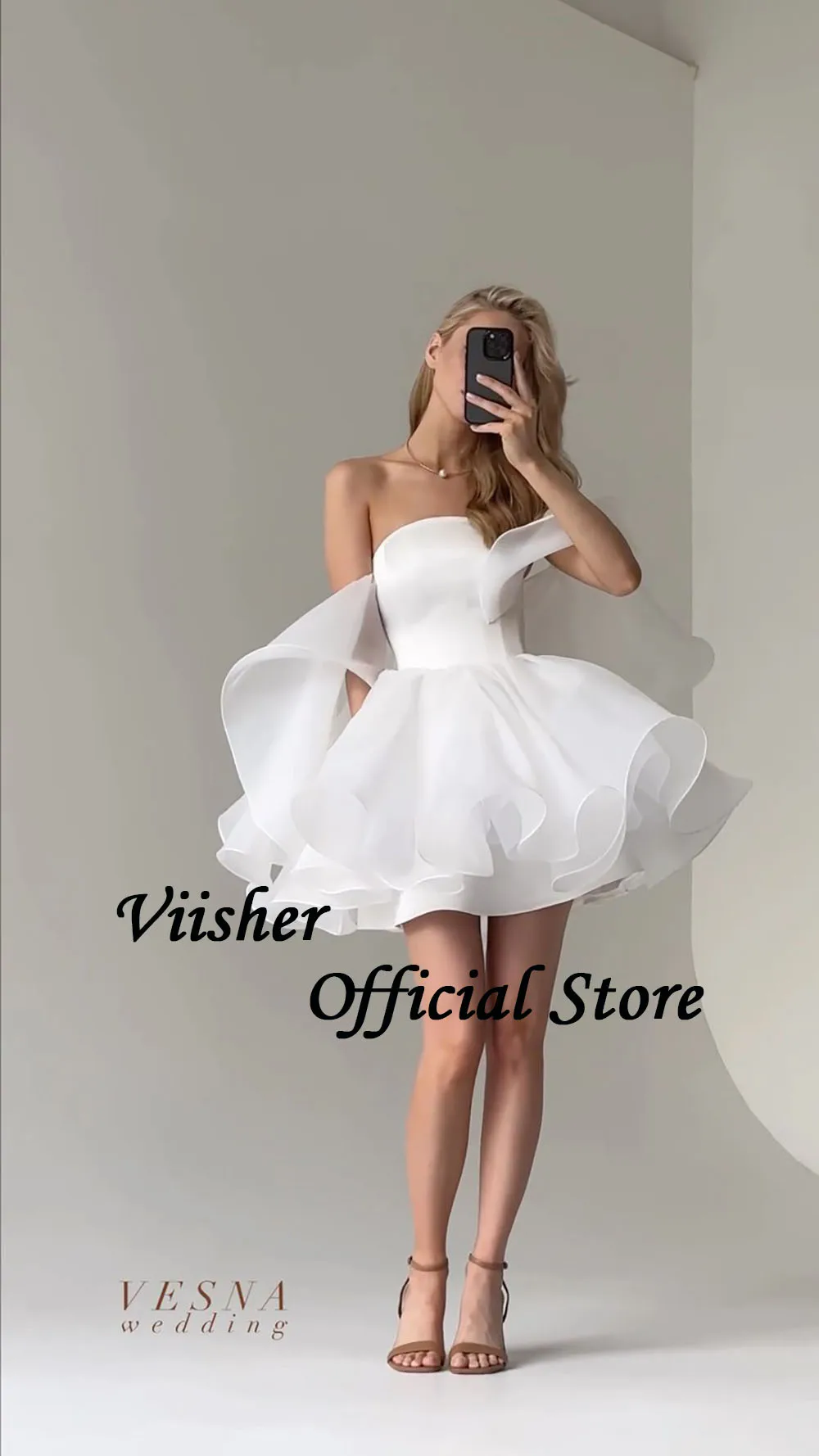 Viisher White Organza Short Wedding Dresses Off Shoulder Strapless A Line Mini Bride Dress Ball Gowns Women Evening Party Gowns