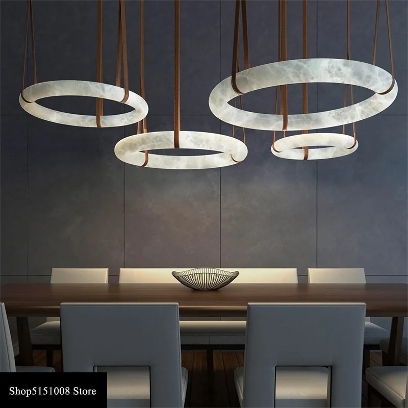 Modern LED Luxury Marble Ring Leather Gold Hanging Lamps For Ceiling Lustre Pendant Lights Suspension Chandelier For Living Room