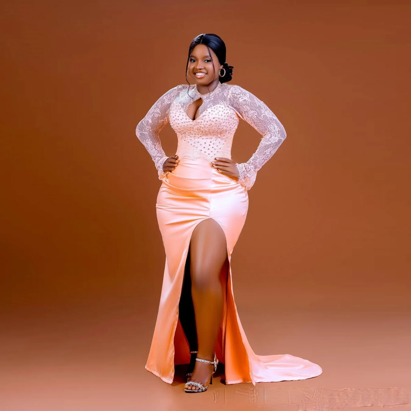 

Вечернее вечернее платье с кристаллами из бисера Aso Ebi Розовые платья для выпускного вечера с длинными рукавами и разрезом Русалка Пром платья Атласный кружевной корсет