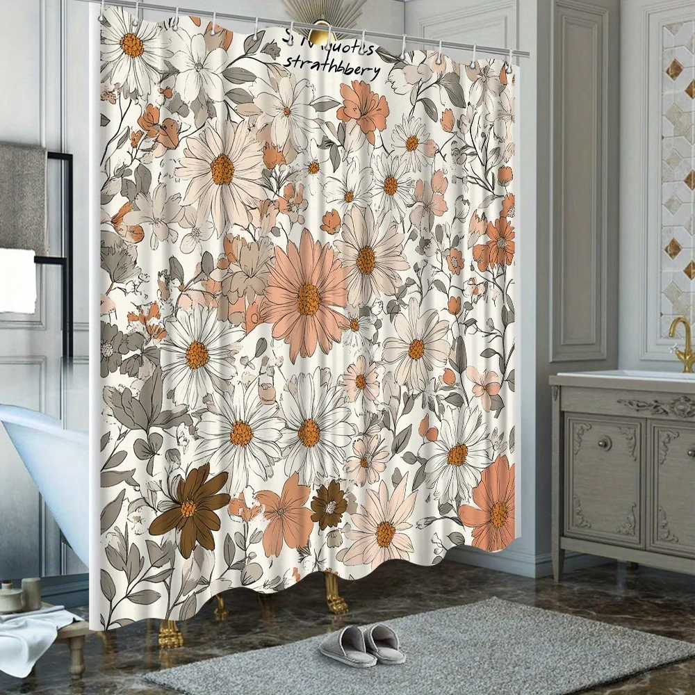 

Shower Curtain Vintage Floral Daisies Peach White Gray Retro Hand Drawn Style Polyester 70.8x70.8 Inch Machine Washable