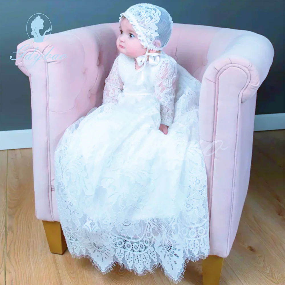 Christening Gowns Lace Appliques Baby First Communion Dresses Ruched Beads Newborn Toddler Baptism Dresses