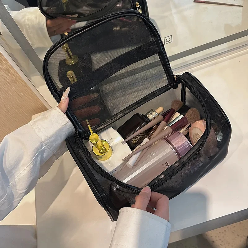 

Large Capacity Mesh Clear Cosmetic Bag Portable Travel Toiletry Bag Black Makeup Pouch Zipper Storage Bag Women Beauty Organizer