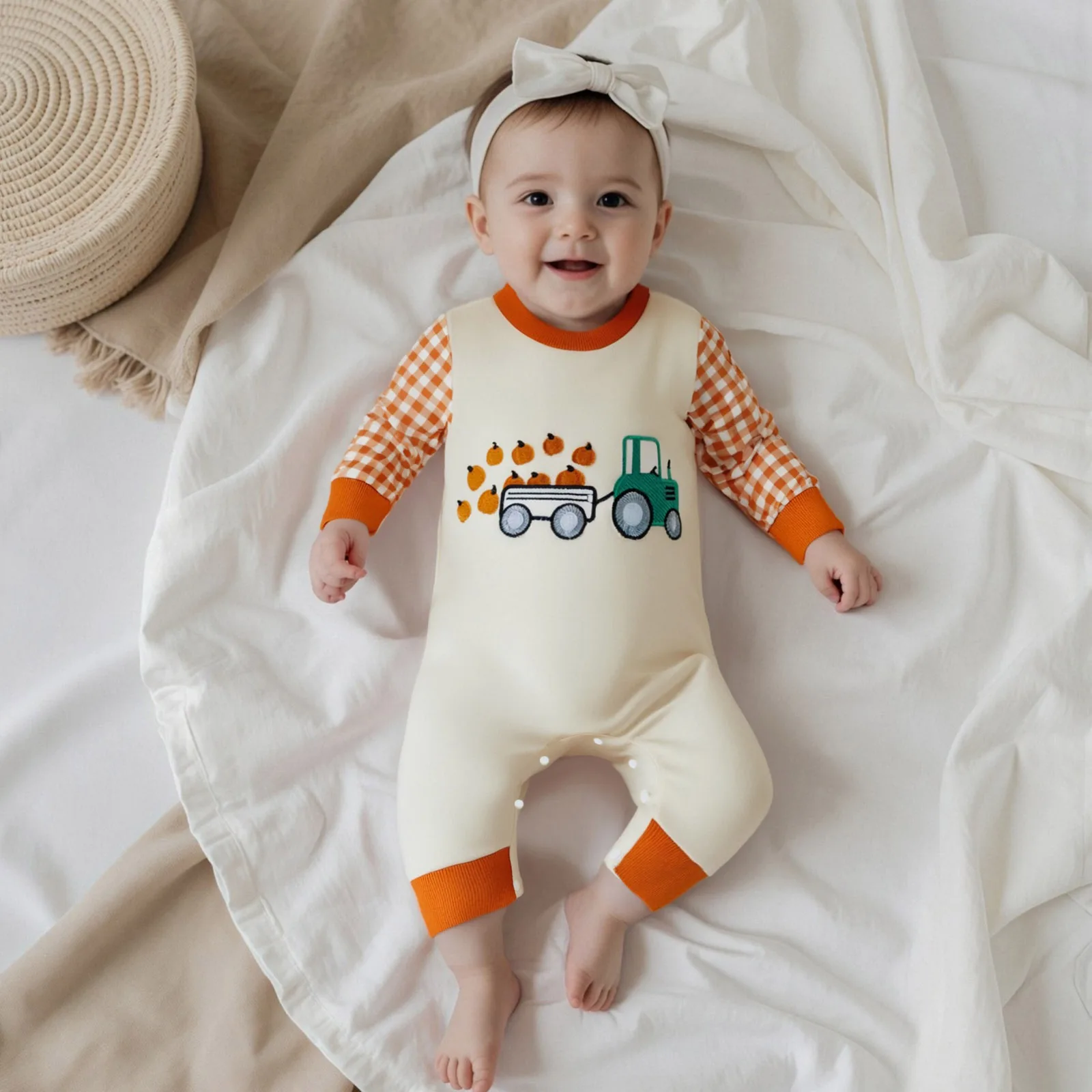 

Baby Jumpsuit, Long Sleeve Crew Neck Plaid Embroidery Tractor Pumpkin Newborn Romper Halloween Baby Clothes for Girls Boys