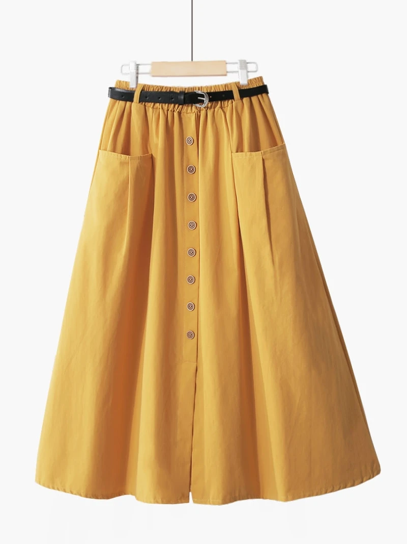 

Women Summer A-Line Pocket High waist Casual Cotton Skirt Casual Vintage Solid Belted Pleated Midi Skirts