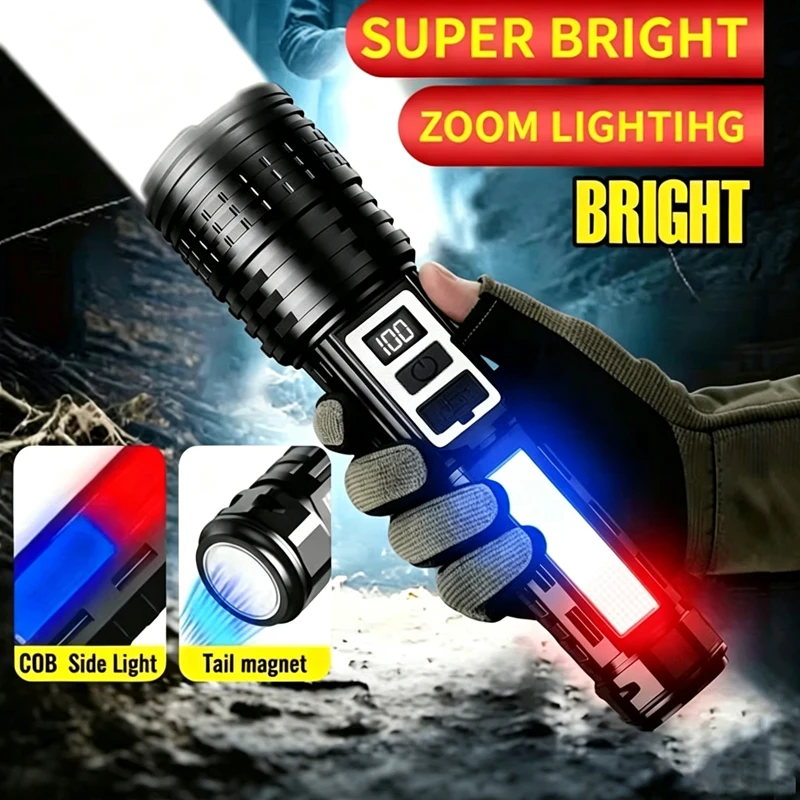 High Power LED Flashlight USB Rechargeable COB Torch with Side Light 7 Lighting Modes Portable Lantern for Outdoor Camping Hikin