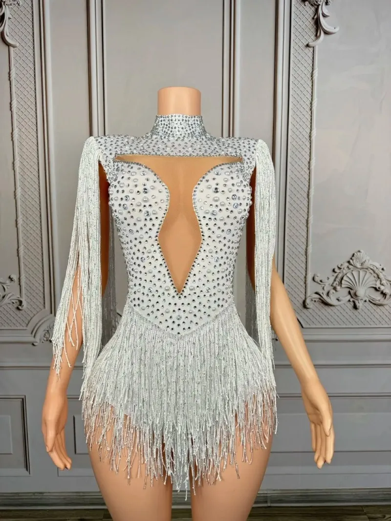 High-end White Pearls Sequins Long Tassels Bodysuit Women Sexy Performance Costume Dancer Show Stage Bodysuit Club Outfit