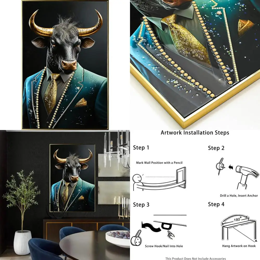 

Highland Cow Wall Art - Textured Mural with Hand-Set Diamonds, Modern Animal Painting for Living Room and Office Decor