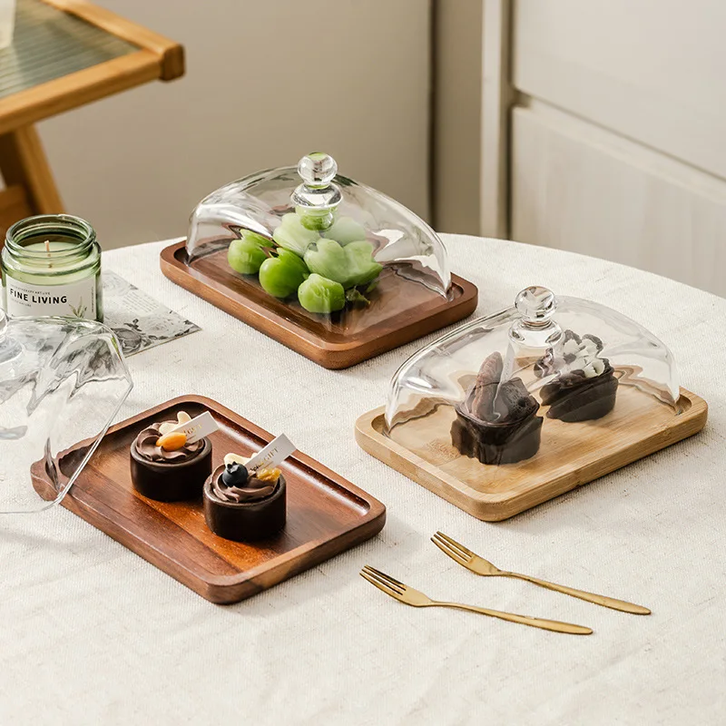 

Light Luxury Wooden Butter Plate Glass Lid Cheese Box Butter Dish Container Cheese Snack Plate Cake Dessert Tray Display Stand