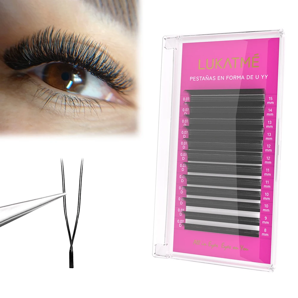 LUKATME U Shape YY Eyelash Extensions 0.07mm Premium Soft PBT 8-15mm False Lash Extension Practice Supplies UU Lashes