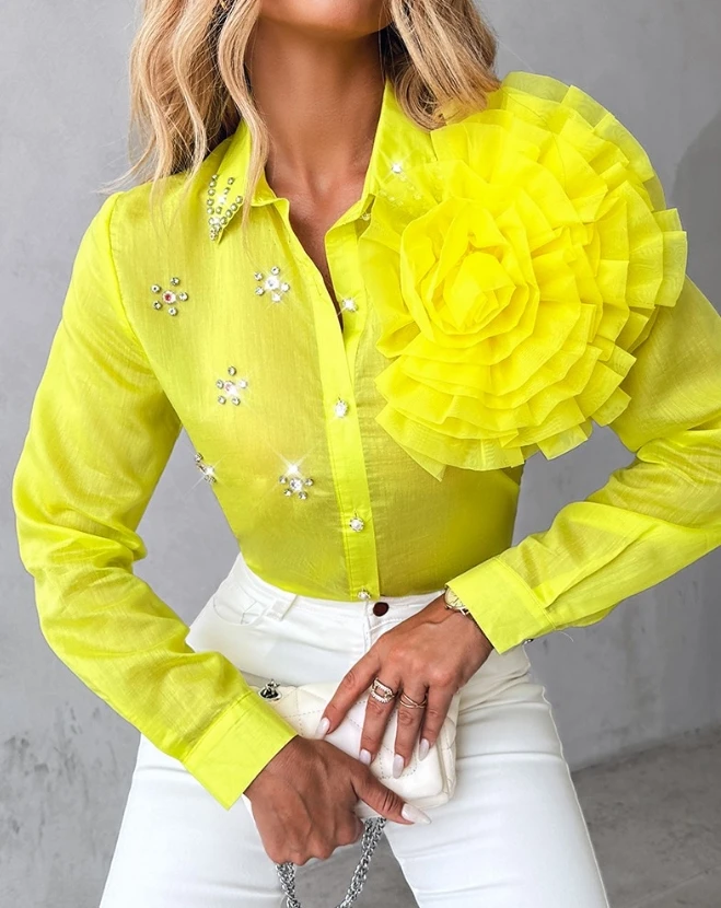 

Rose Detail Rhinestone Turn-Down Collar Top 2024 Spring New Women Blouses Fashionable Slim Fitting 3D Floral Long Sleeved Shirt