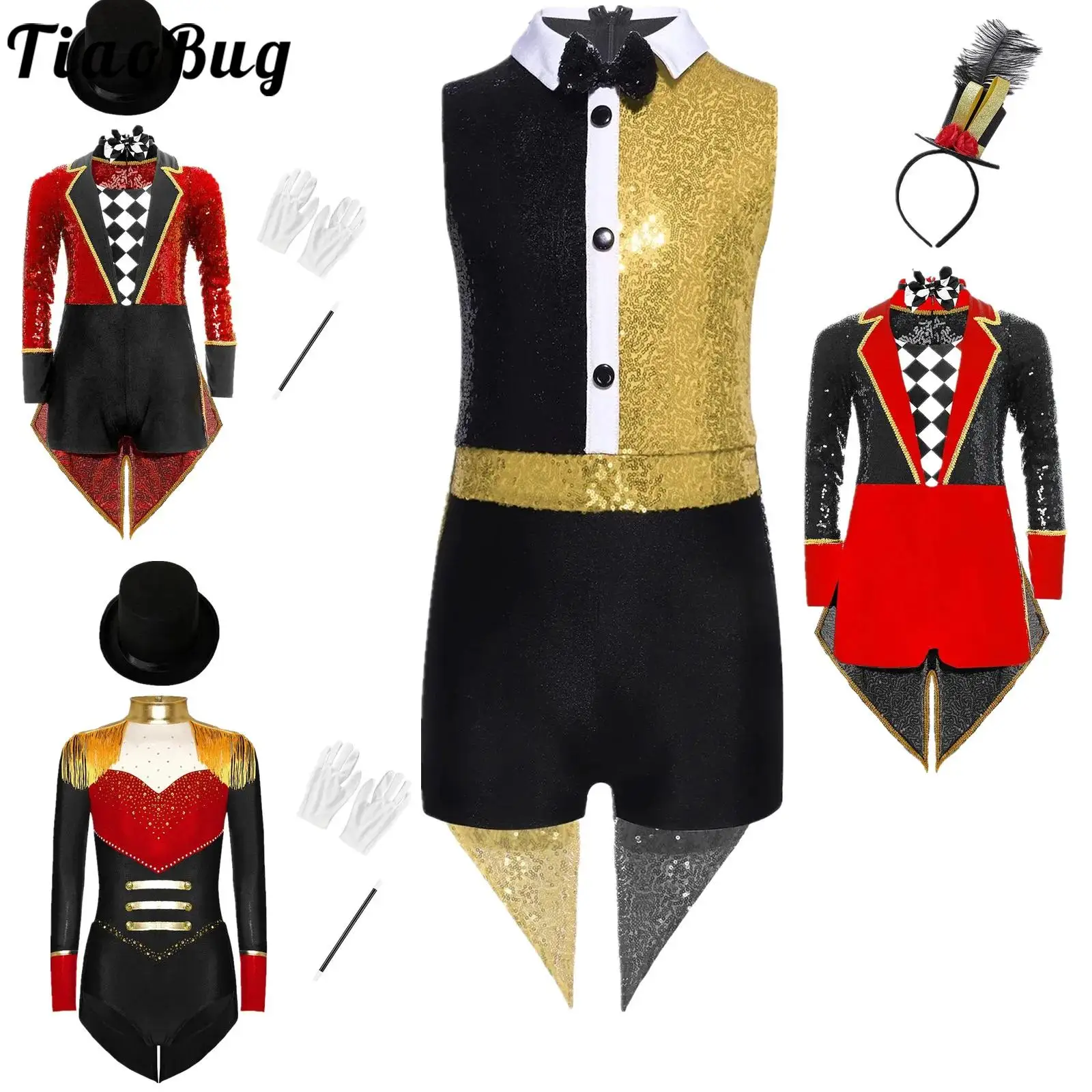 

Boys Girls Halloween Magician Cosplay Costume Set Long Sleeve Sequin Tailcoat Bodysuit with Bow Tie Circus Honor Guard Sets