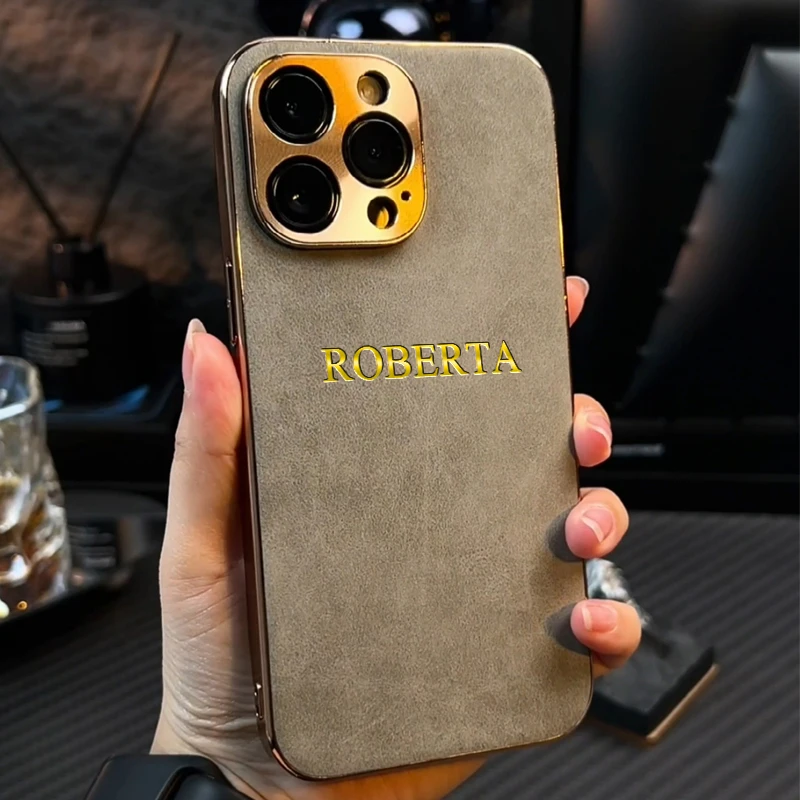 Personalised Customized Name Initials Case For iPhone 16 15 14 13 12 11 Pro Max Plating Leather Aluminum Metal Lens Cover 15 Pro